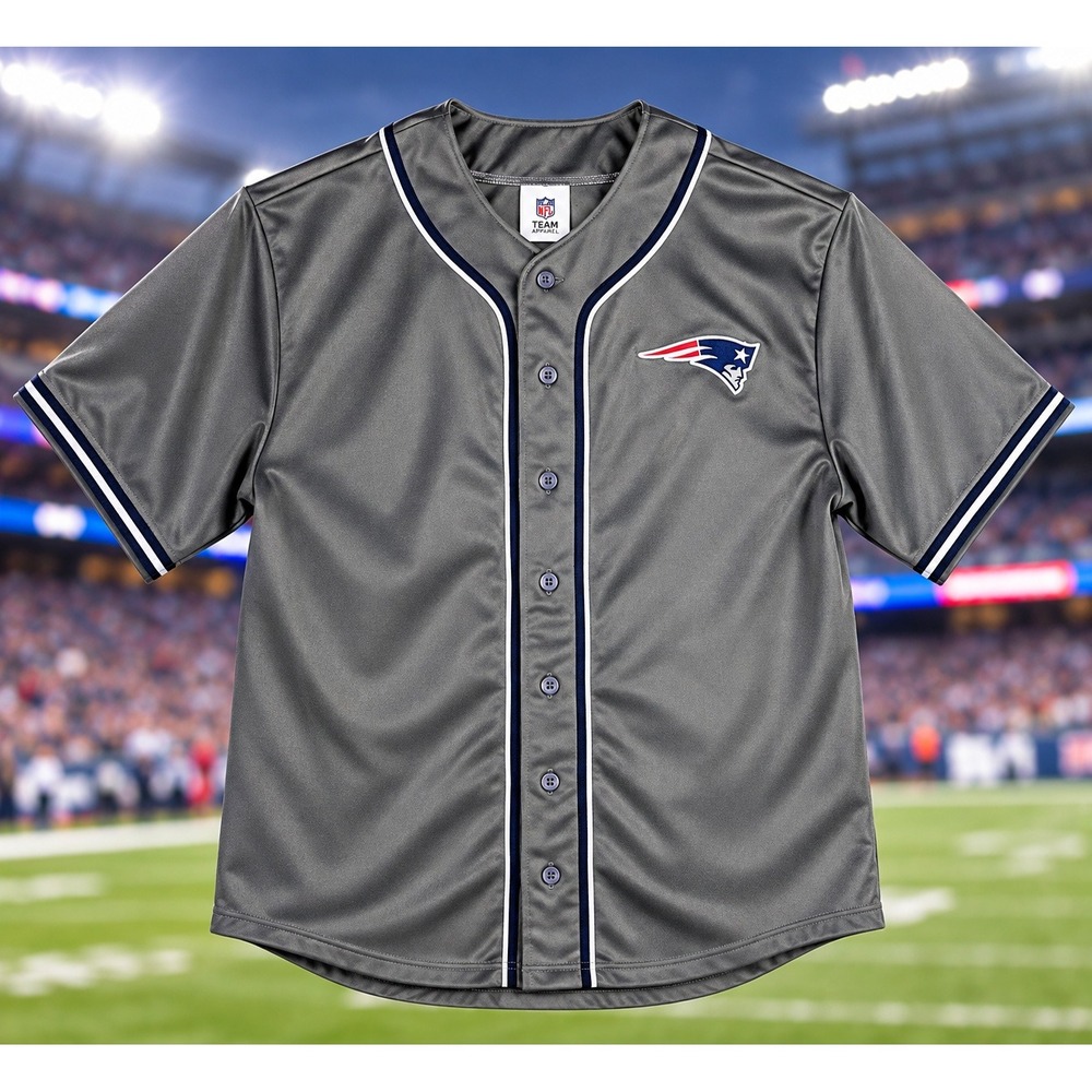NFL Team Apparel New England Patriots Baseball Jersey Mens XL Gray Button Up